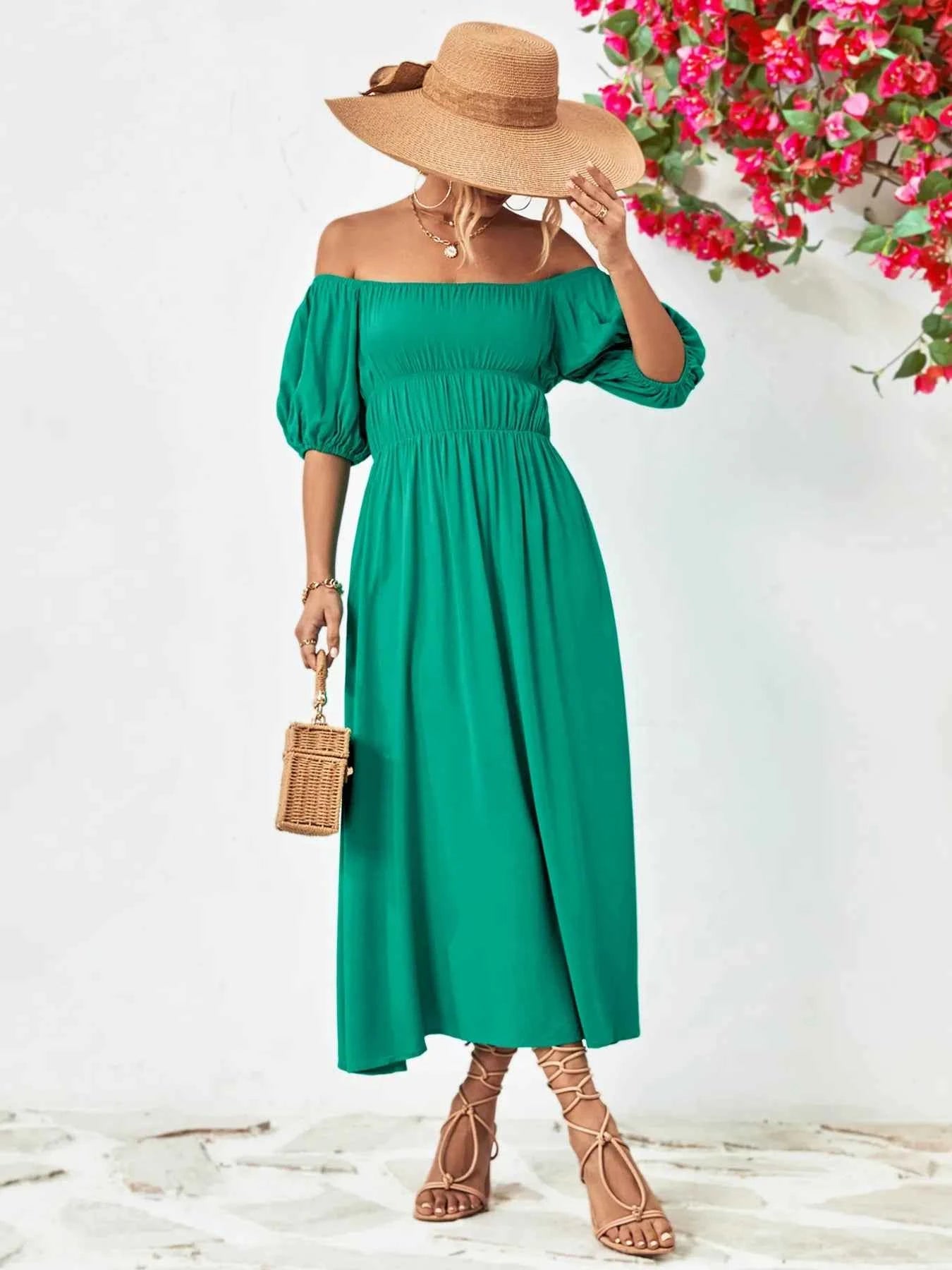 Off-Shoulder Puff Sleeve Smocked Maxi Dress e52d39b5-72b4-45e4-a52f-1a2eb47e9d22-Max-Origin