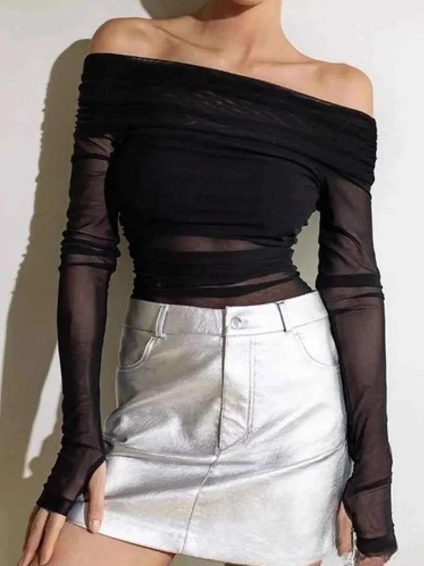 Off-Shoulder Long Sleeve Mesh Bodysuit Black e52f4a7c-2c9c-43b4-be41-de5a44ad1f55-Max-Origin