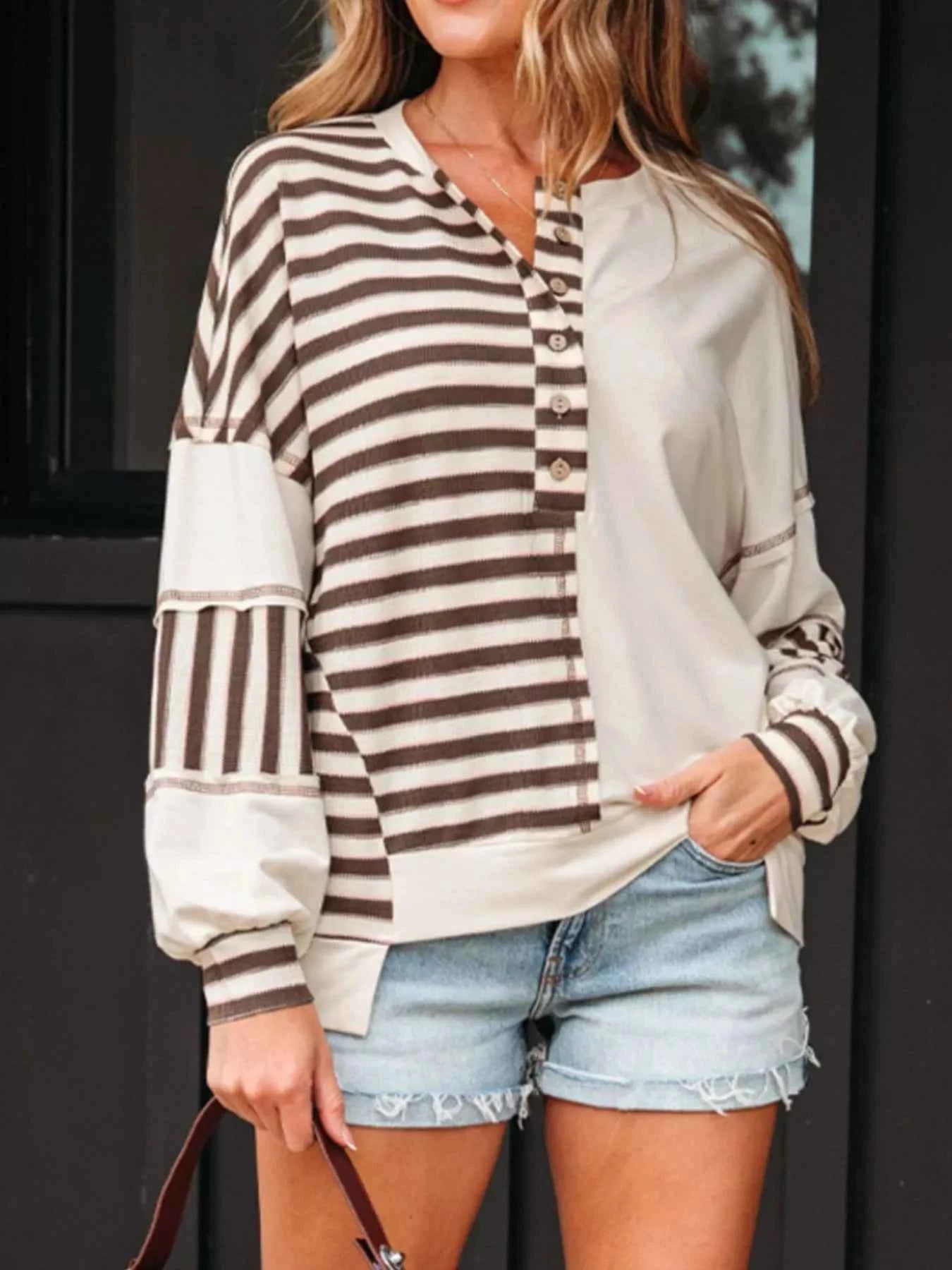 Stripe Stitched Detail Color Block Patchwork Oversized Top Mocha e530355a-3a9f-4fc3-bc65-ffc0c15d9a78-Max-Origin
