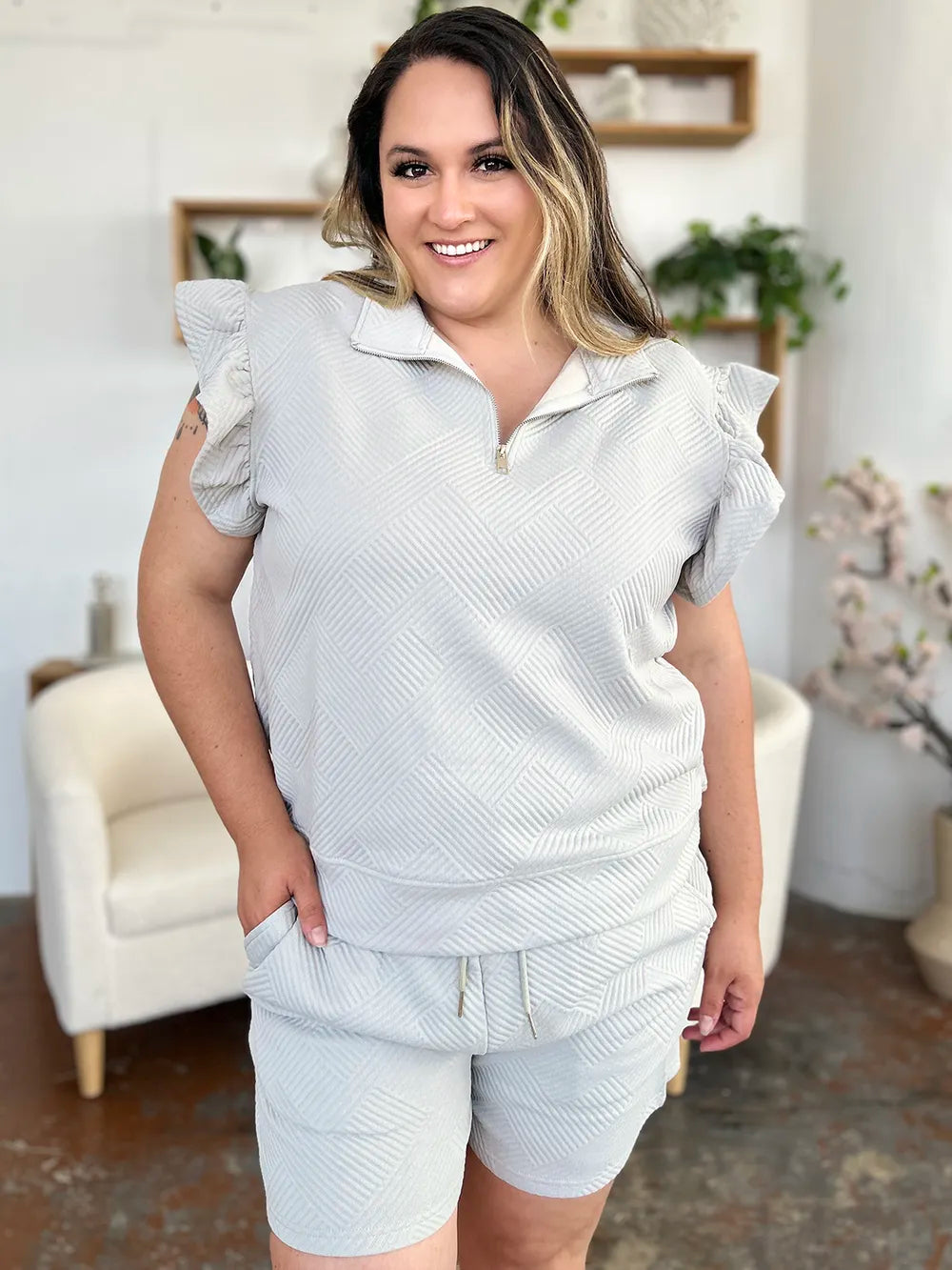 Double Take Full Size Texture Flounce Sleeve Top and Drawstring Shorts Set e532724d-3a80-48e5-bf75-1275eb09f857-Max