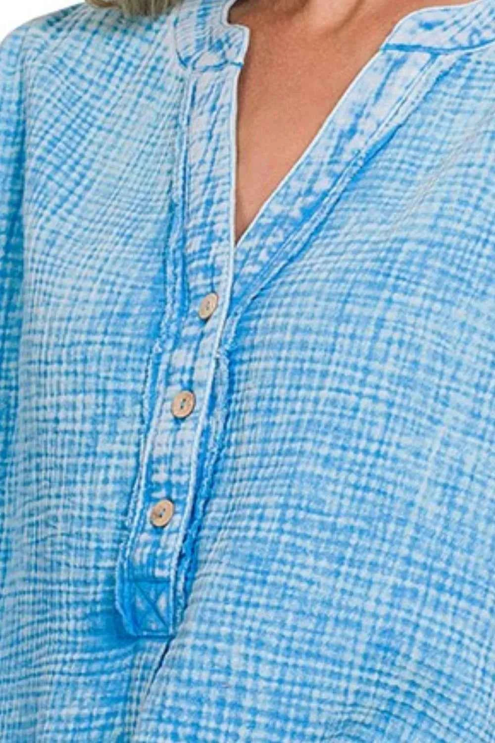 Zenana Washed Double Gauze 3/4 Button Henley Neck Shirt e5332db0-c4e8-4a7e-9778-bbf4f47135d0-Max-Origin