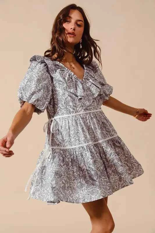 SO ME Cotton Printed Ruffle V Neckline Dress with Side Tie e537007e91b941f9a170a1366214103d-Max-Origin