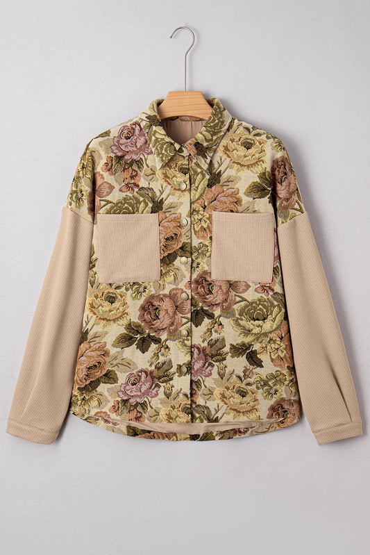 Khaki Floral Waffle Knit Patchwork Chest Pockets Buttoned Jacket e53ace81e619fbb5