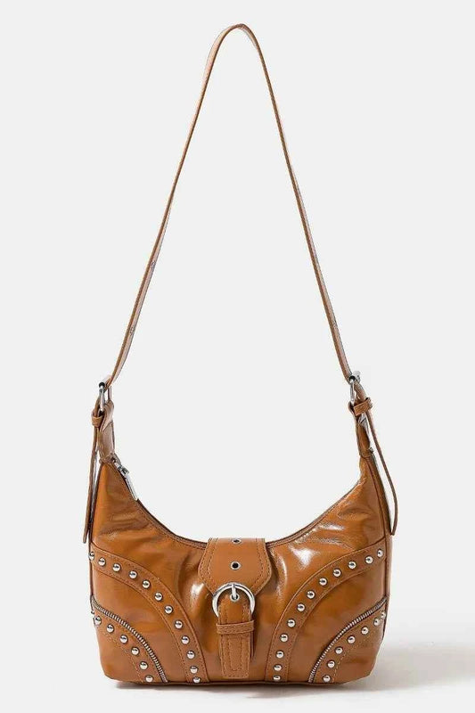 Fame Faux Leather Studded Trim Shoulder Bag Caramel One Size e53bd0b97a0242c589ccf8bfe09f94f3-Max-Origin