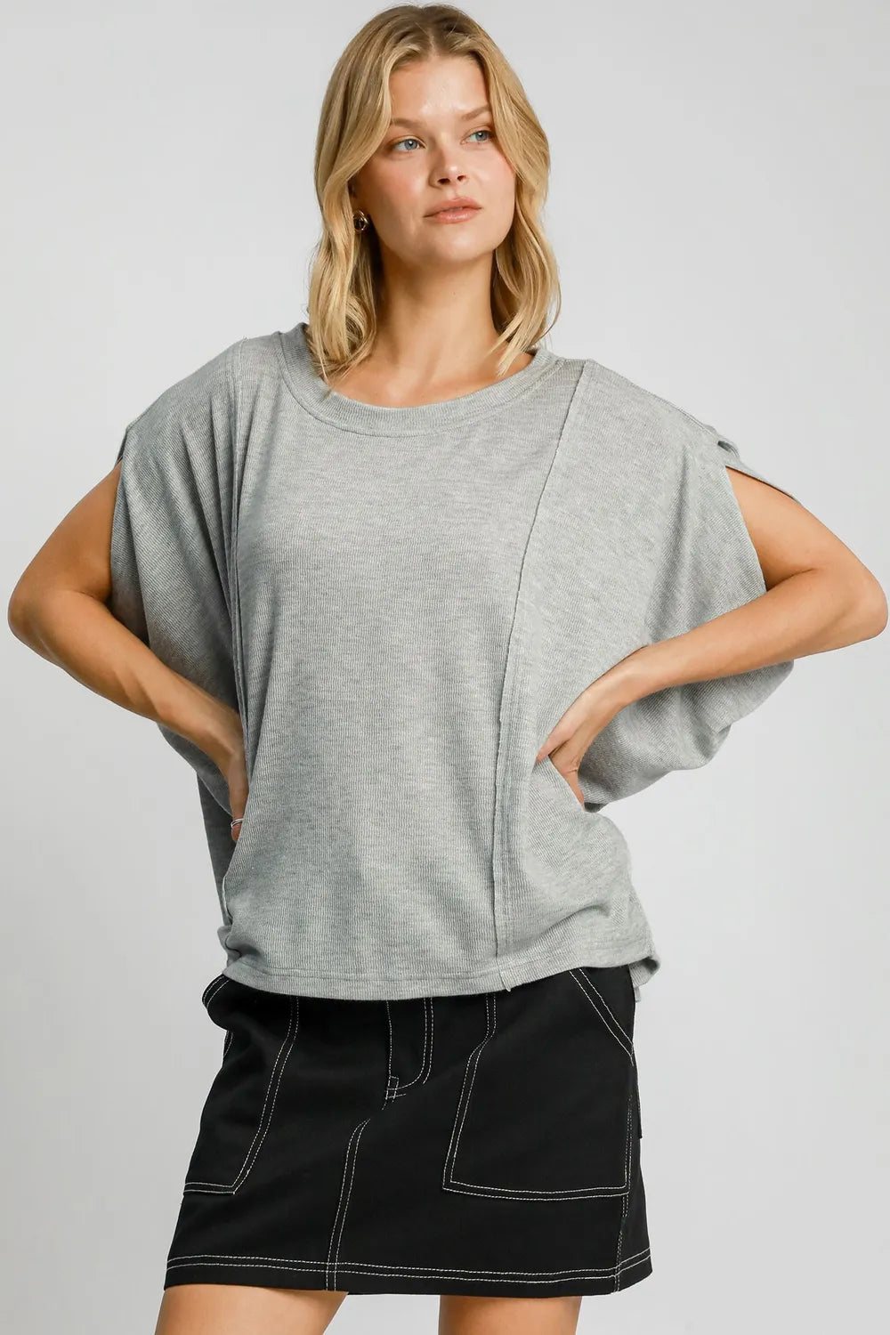 Umgee Exposed Seam Round Neck Batwing Sleeve Knit Top Gray e550c545-76b0-4a88-86fb-b1c7e21480f0-Max