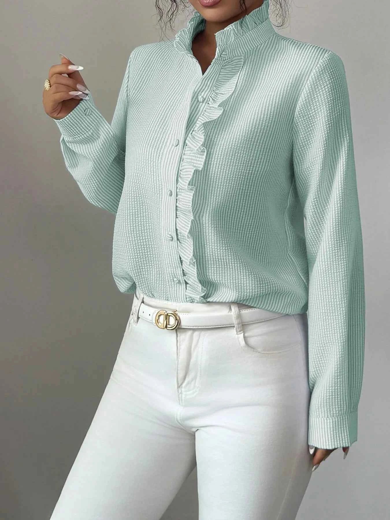 Ruffle Front Striped Button-Up Shirt e5546552-be95-47d3-bce9-3a0adbf9e483-Max-Origin
