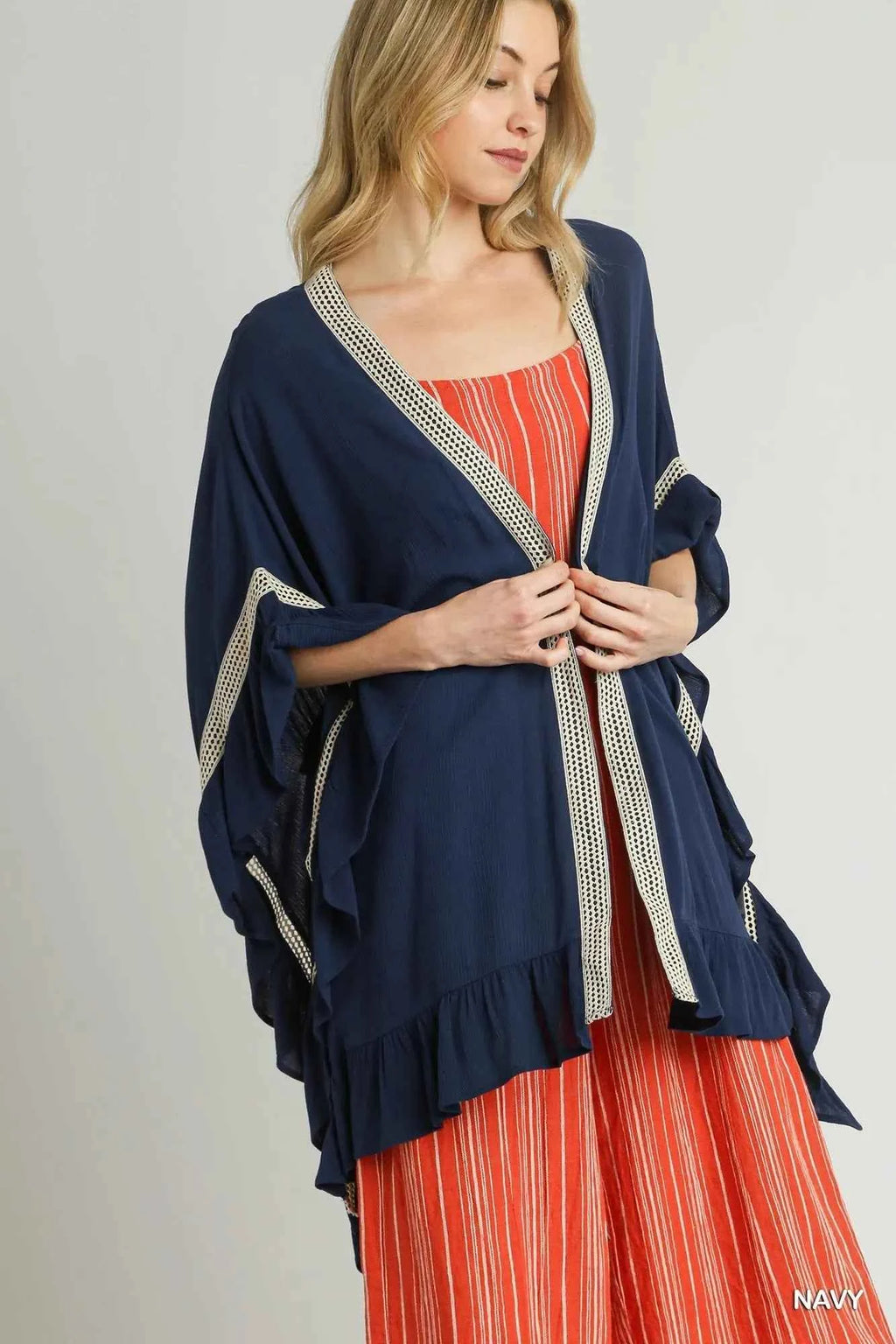 Umgee Ruffle Trim Kimono with Crochet Accent Navy e554dc85-fbe9-4382-b8c9-5d52dc046b6d-Max-Origin