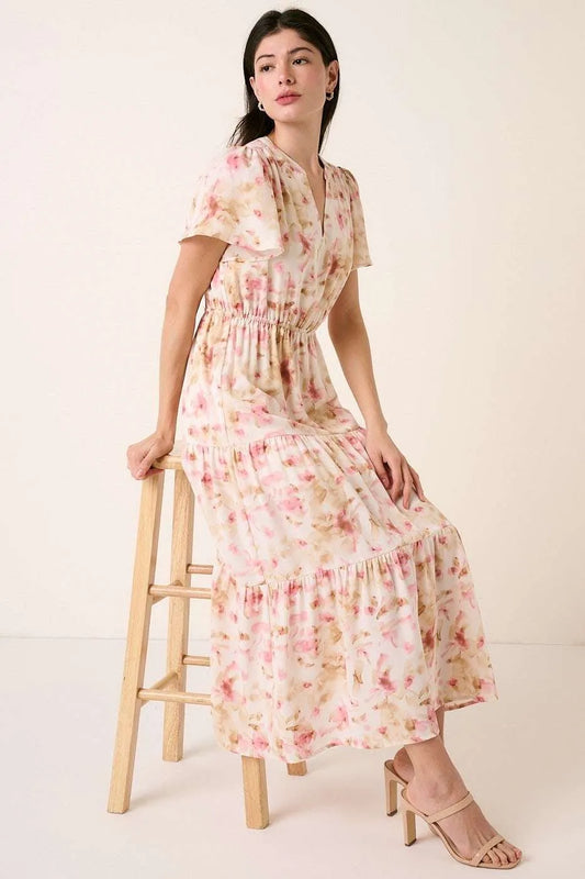 Flower Print Flutter Sleeve V Slit Maxi Dress PINK e55b5acff22e4c6bb3411cd01f175c47-Max-Origin