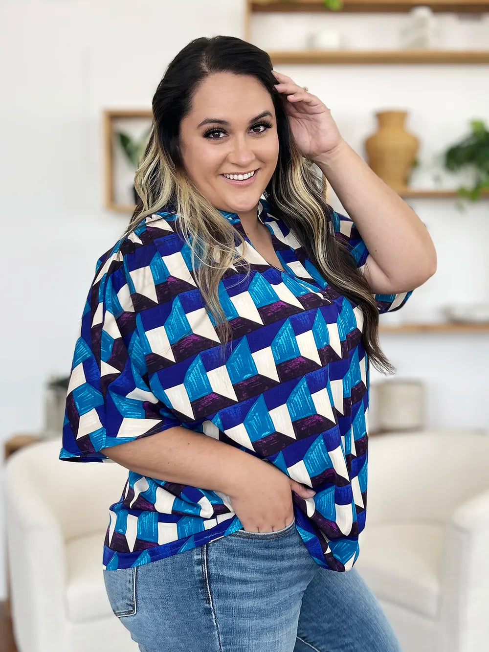 Double Take Full Size Geometric Notched Half Sleeve Blouse e55f98fe-1d6a-4435-a319-28070bdf3777-Max