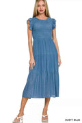 Zenana Woven Smocked Ruffle Sleeve Midi Dress DUSTY BLUE e5619476d41a43eb988842aa4a70cb22-Max-Origin