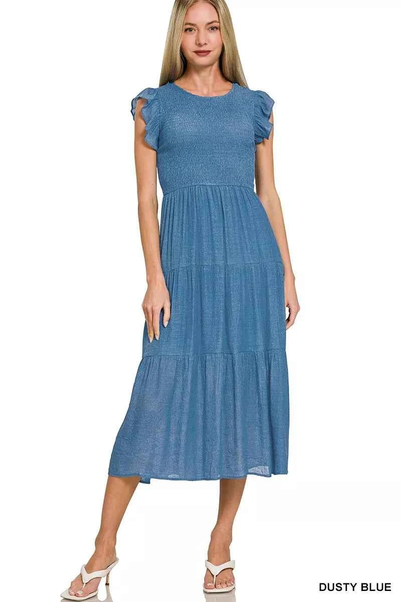 Zenana Woven Smocked Ruffle Sleeve Midi Dress DUSTY BLUE e5619476d41a43eb988842aa4a70cb22-Max-Origin