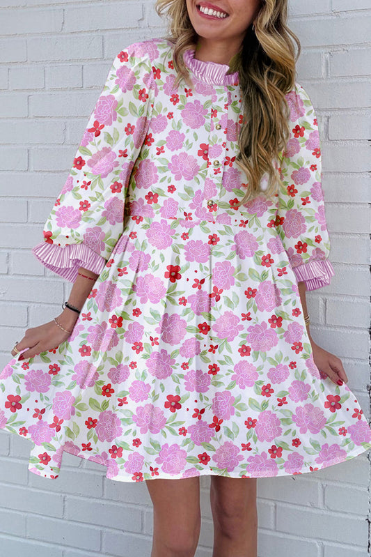 Pink Floral Print Striped Trim Flowy Mini Dress Pink 100%Polyester e5674520d0ab99a2