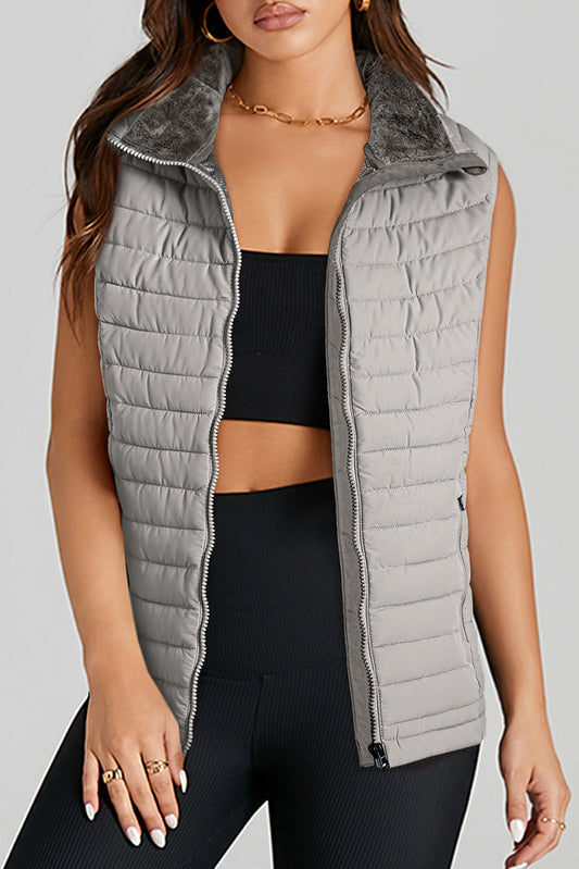 Silvery Plush Collared Quilted Zipped Puffer Vest Silvery 100%Polyester e567628c12115b2f