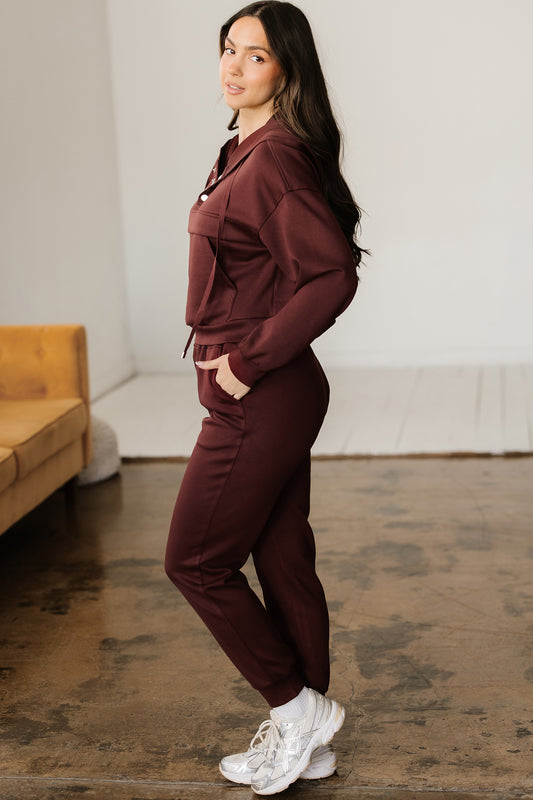 Chicory Coffee Button Drawstring Cropped Hoodie Jogger 2pcs Set e56d7aa793a061bf