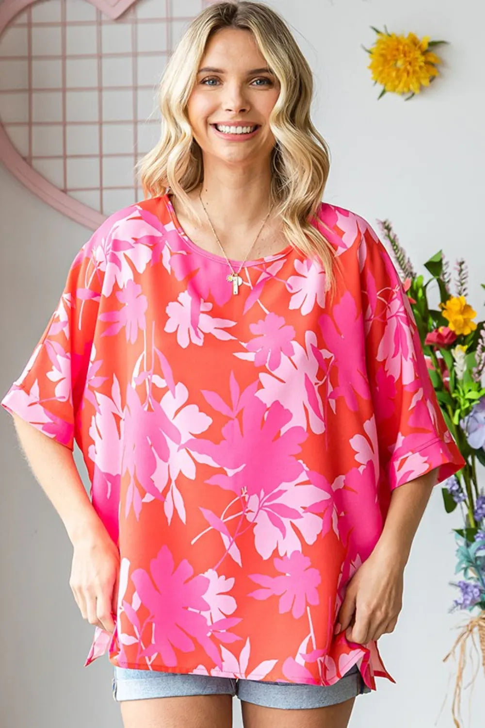 First Love Slit Printed Round Neck Half Sleeve Blouse e570dc08-8038-487b-b89e-f2d702fe9a8b-Max
