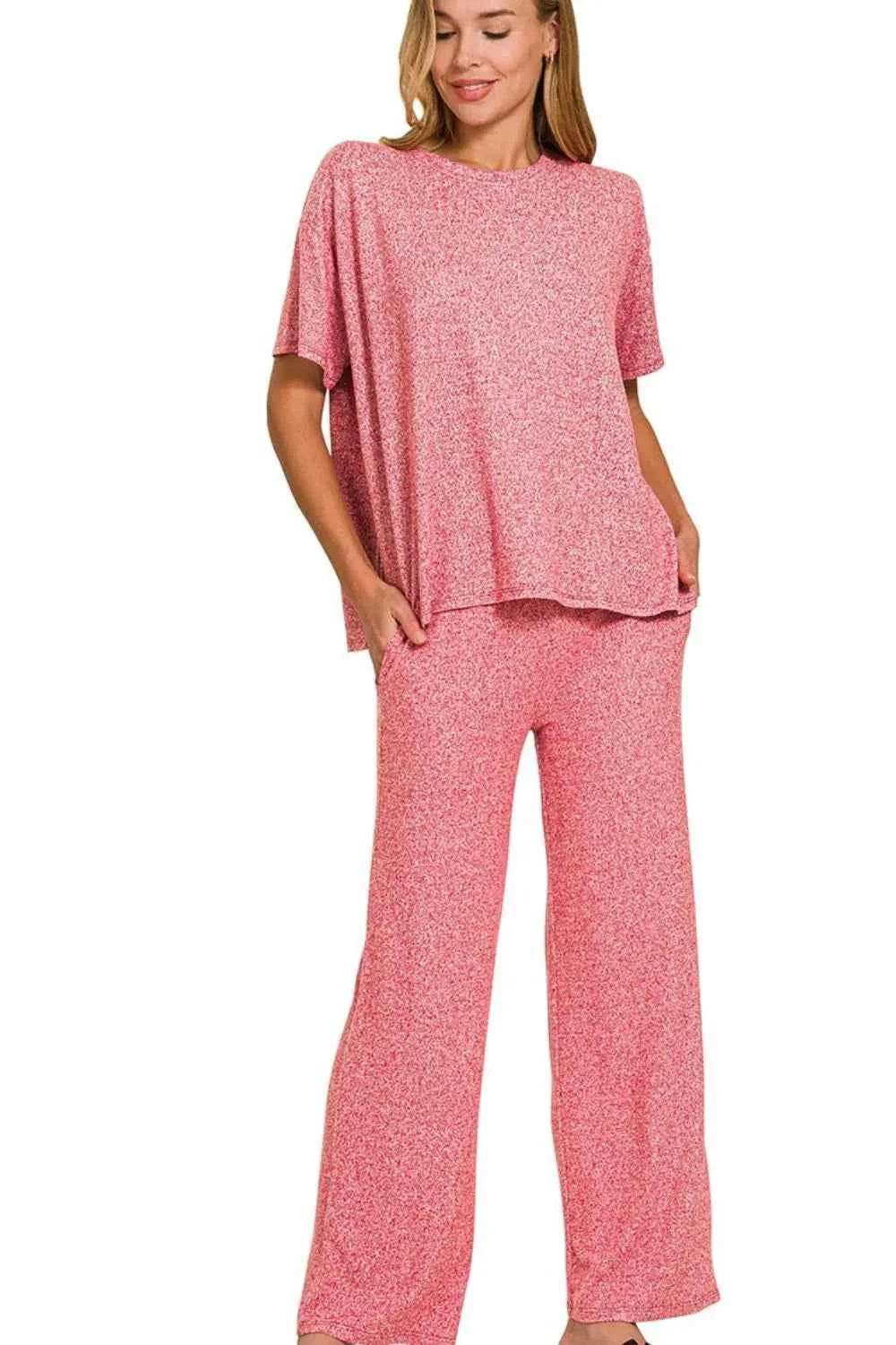 Zenana Soft Melange Short Sleeve Tee & Long Pants Set DK RED e571e0b1-f9a0-4331-9e31-54f5ffff0986-Max-Origin