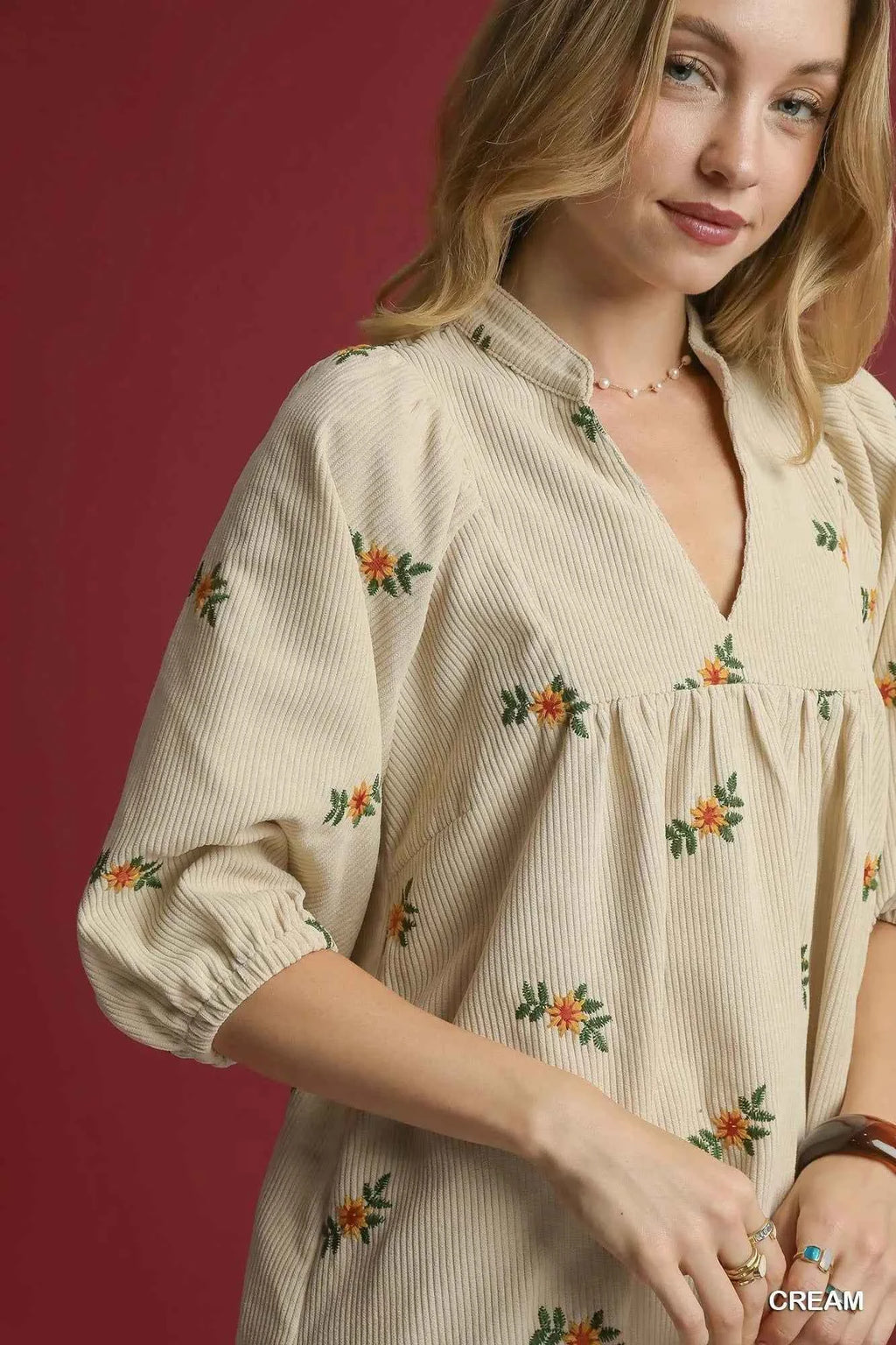 Umgee Corduroy Babydoll Dress with Floral Embroidery e5748719-c29f-4478-b0e9-4f12191b7ff2-Max-Origin