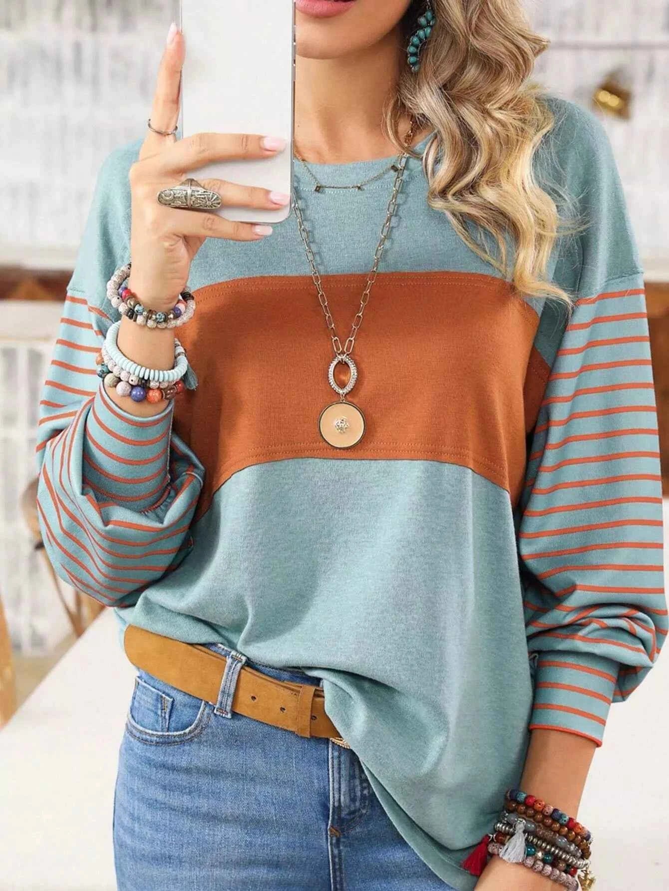 Striped Color Block Long Sleeve T-Shirt Turquoise e576501e-f622-4422-afb0-cc0986c812c8-Max-Origin
