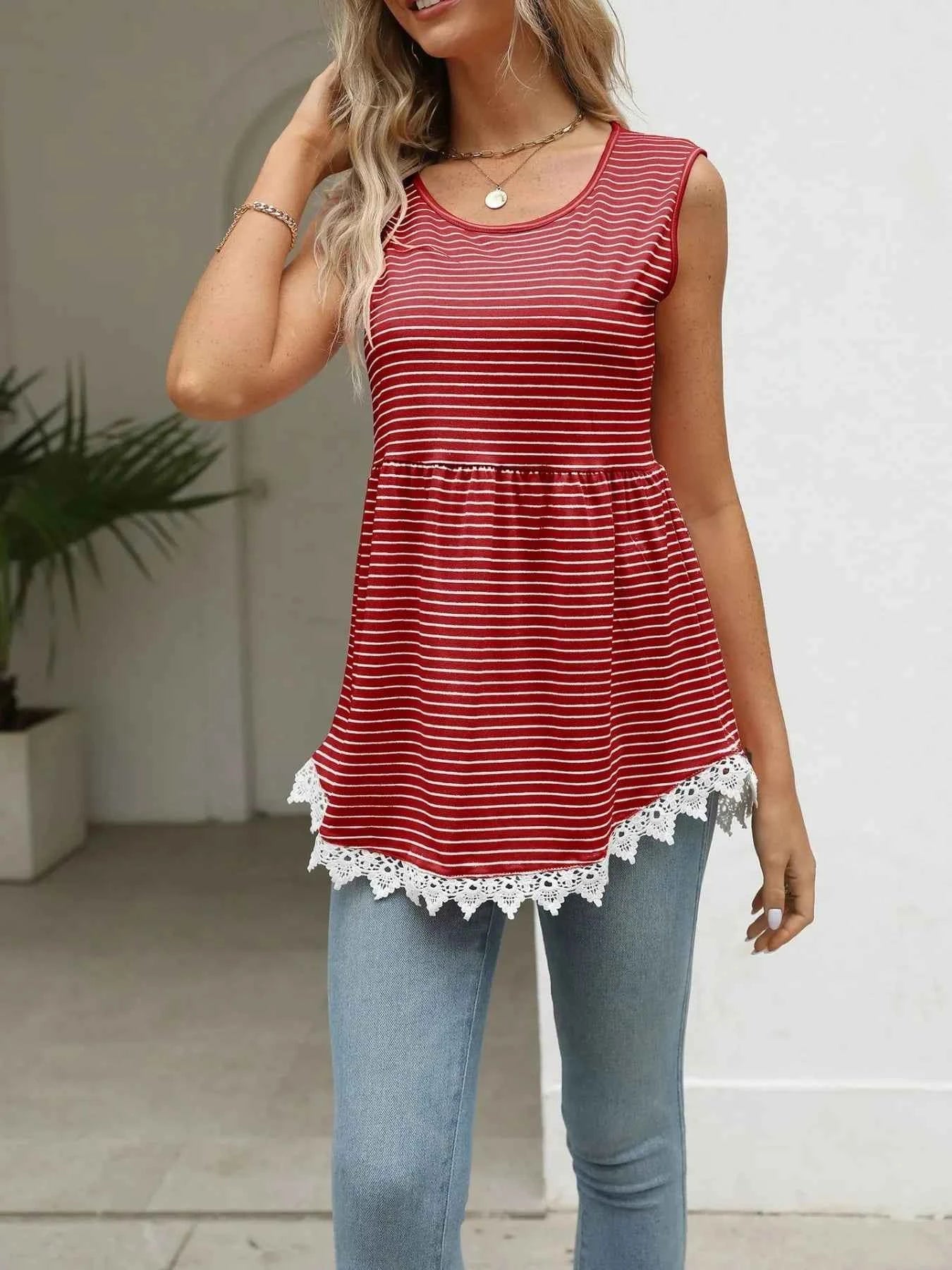 Lace Trim Sleeveless Babydoll Tank Top Red e5799a9b-755d-4720-bf4d-b89f8d1ae6ee-Max-Origin