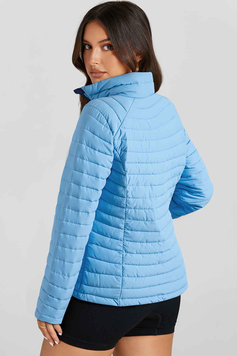Silvery Solid Color Quilted Zip-up Puffer Jacket e581c0f3c6ec4aa9