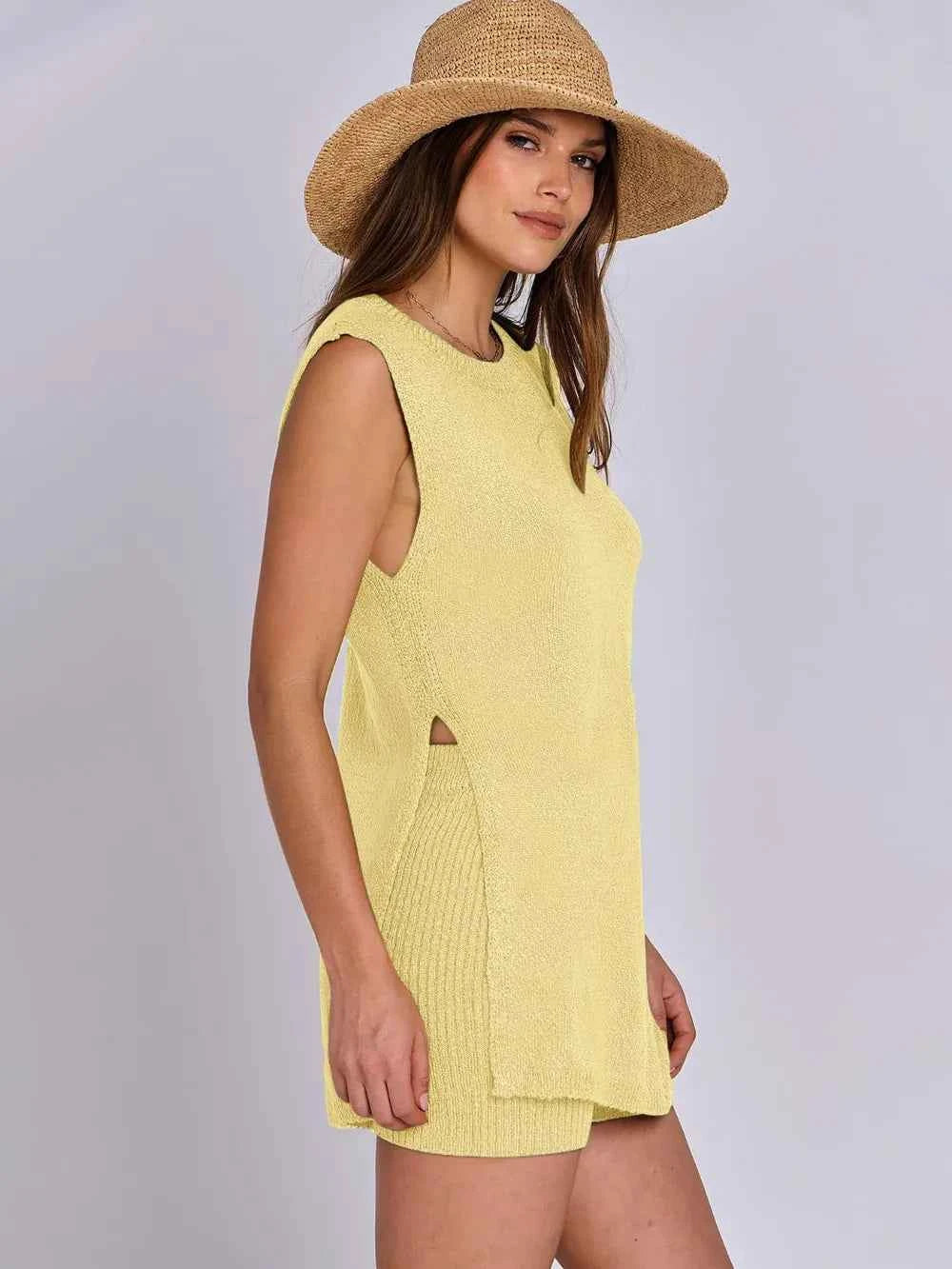 Side Slit Round Neck Tank and Ribbed Shorts Sweater Set e5831b32-719a-4bc5-a720-4ca36a7ed52a-Max