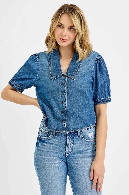 Button Down Puff Sleeve Crop Denim Shirt e585998da9bb45d6a7ec8106caf60830-Max-Origin