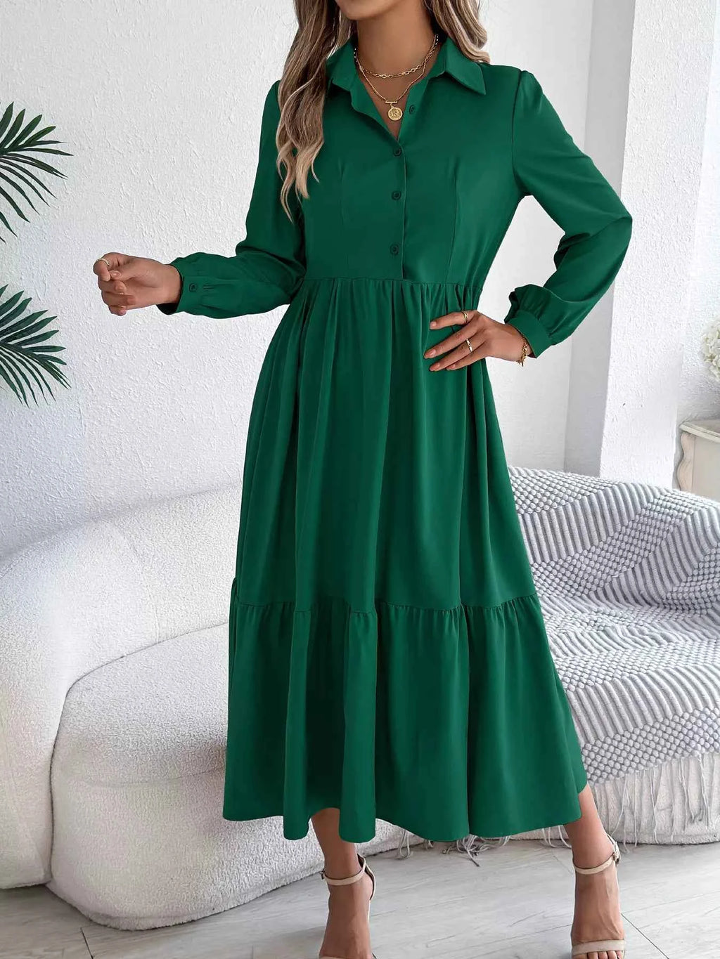 Long Sleeve Tiered Button Front Midi Dress e58814bf493241caa9e2f14aa0aaf82d-Max-Origin