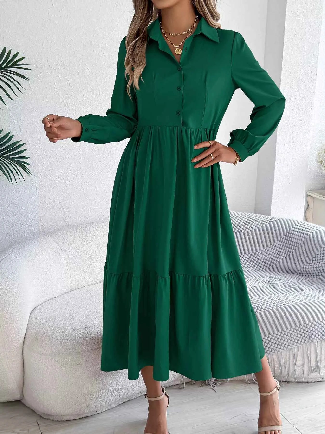 Long Sleeve Tiered Button Front Midi Dress e58814bf493241caa9e2f14aa0aaf82d-Max-Origin