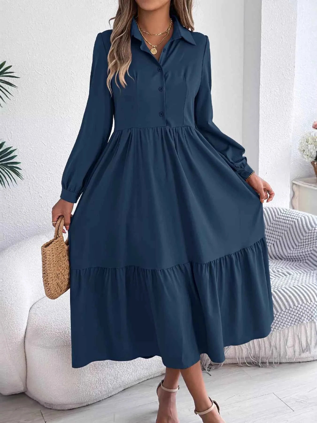 Long Sleeve Tiered Button Front Midi Dress Navy Blue e589621644704a739fd2e071e46c93ba-Max-Origin