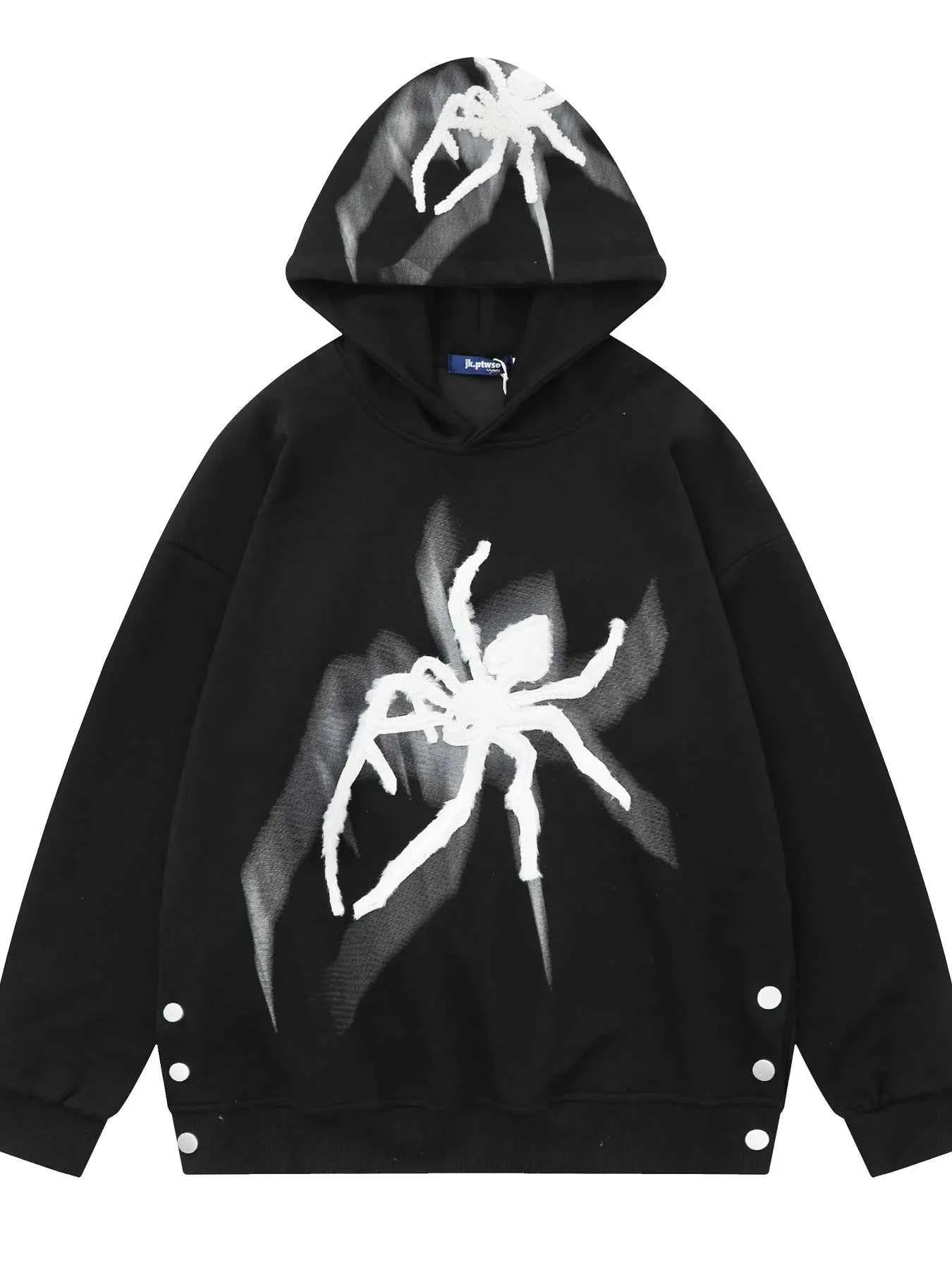 Men's Spider Graphic Oversized Hoodie with Side Button Details Black e58db6f48eed45f69ca108a825ac3edf-Max-Origin