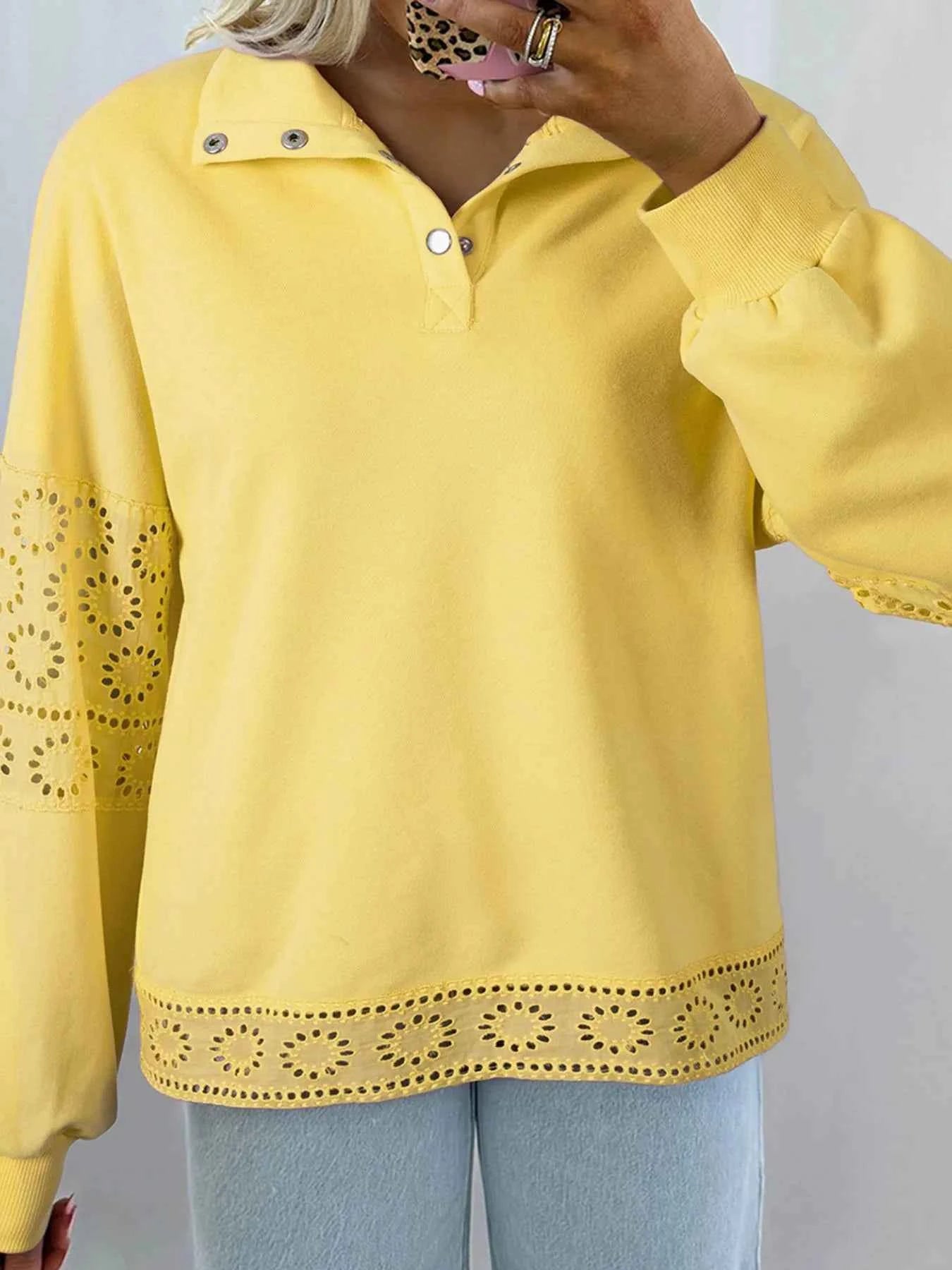Eyelet Lace Detail Snap Down Sweatshirt Yellow e5976490-2187-40ac-8317-ade8b733afb0-Max-Origin