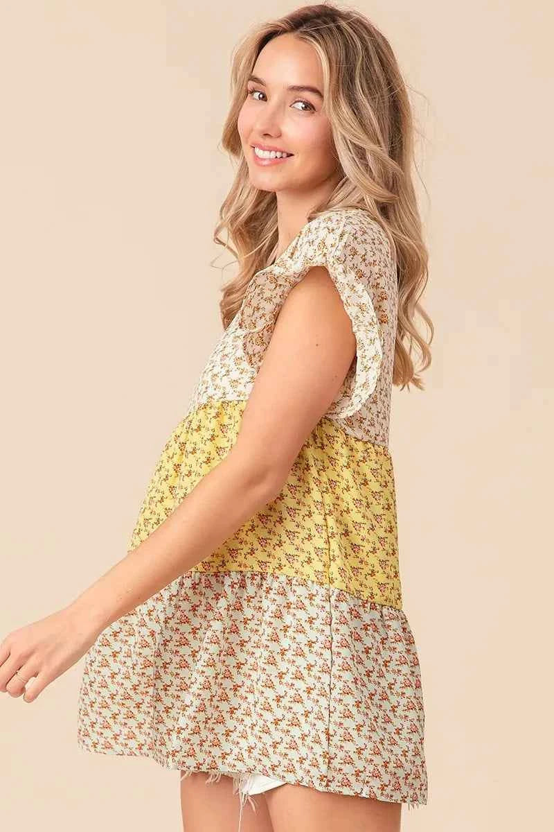 Flroal Printed Woven Color Block and Tiered Top e5978418b04e48eeb6c6d5f4ddcdac95-Max-Origin