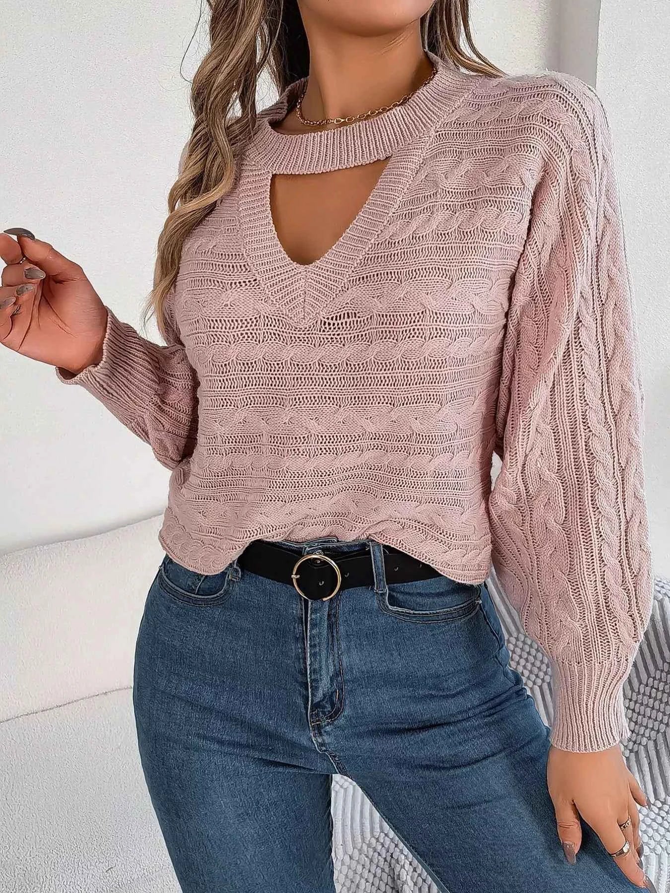 Cable-Knit Cutout Round Neck Sweater e59a91f6-134a-49ce-aa1e-ef0db772bd5f-Max-Origin