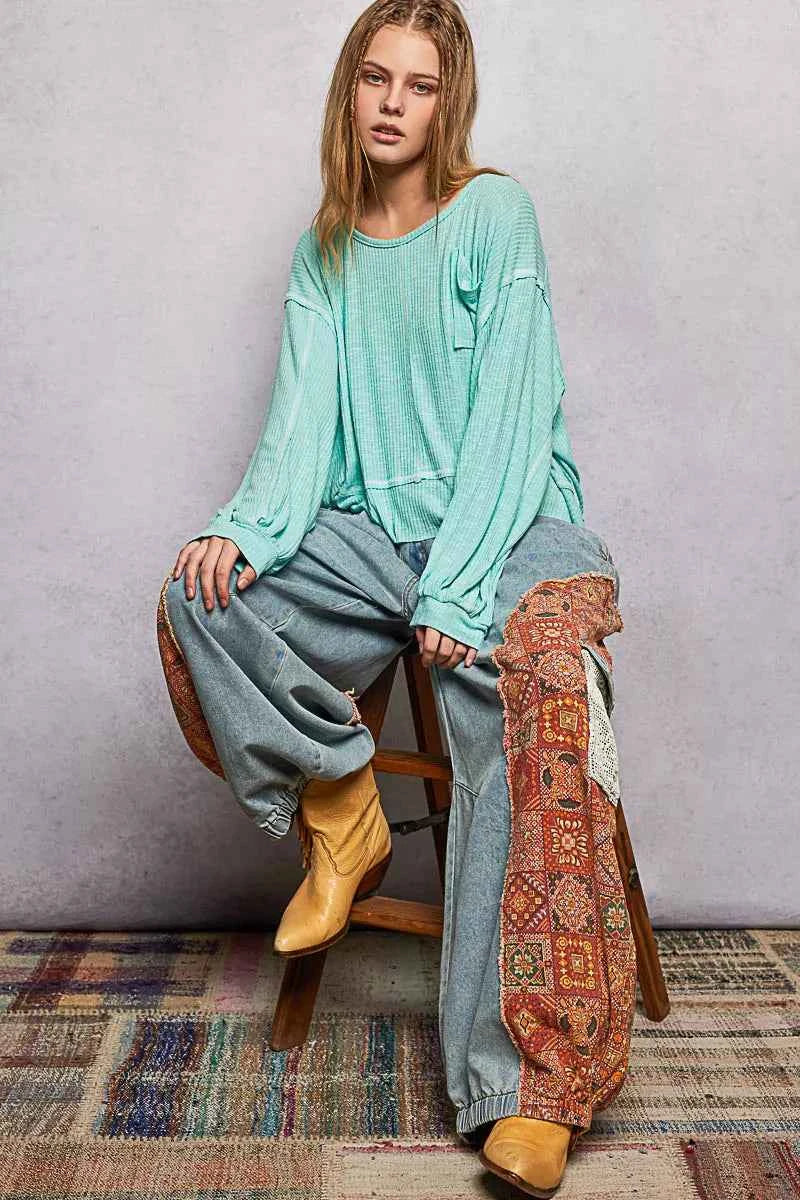 Round Neck Long Sleeve Exposed Seam Top with Chest Pocket e59aaef8-5931-4058-a20c-2a7640458adf-Max-Origin