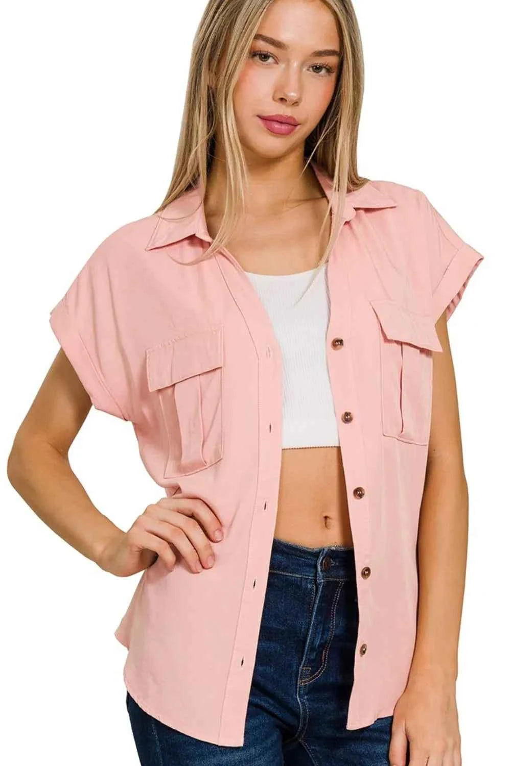 Zenana Tencel V-neck Collared Top W Front Flap Pockets LT ROSE e59be957-fe31-40a7-a42e-4810344a6b42-Max-Origin