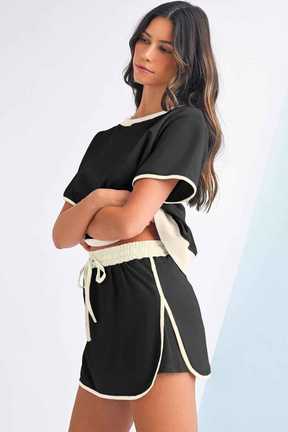 Black Colorblock Edge Drop Shoulder T Shirt and Skort Set e59d74fc7fc1a771