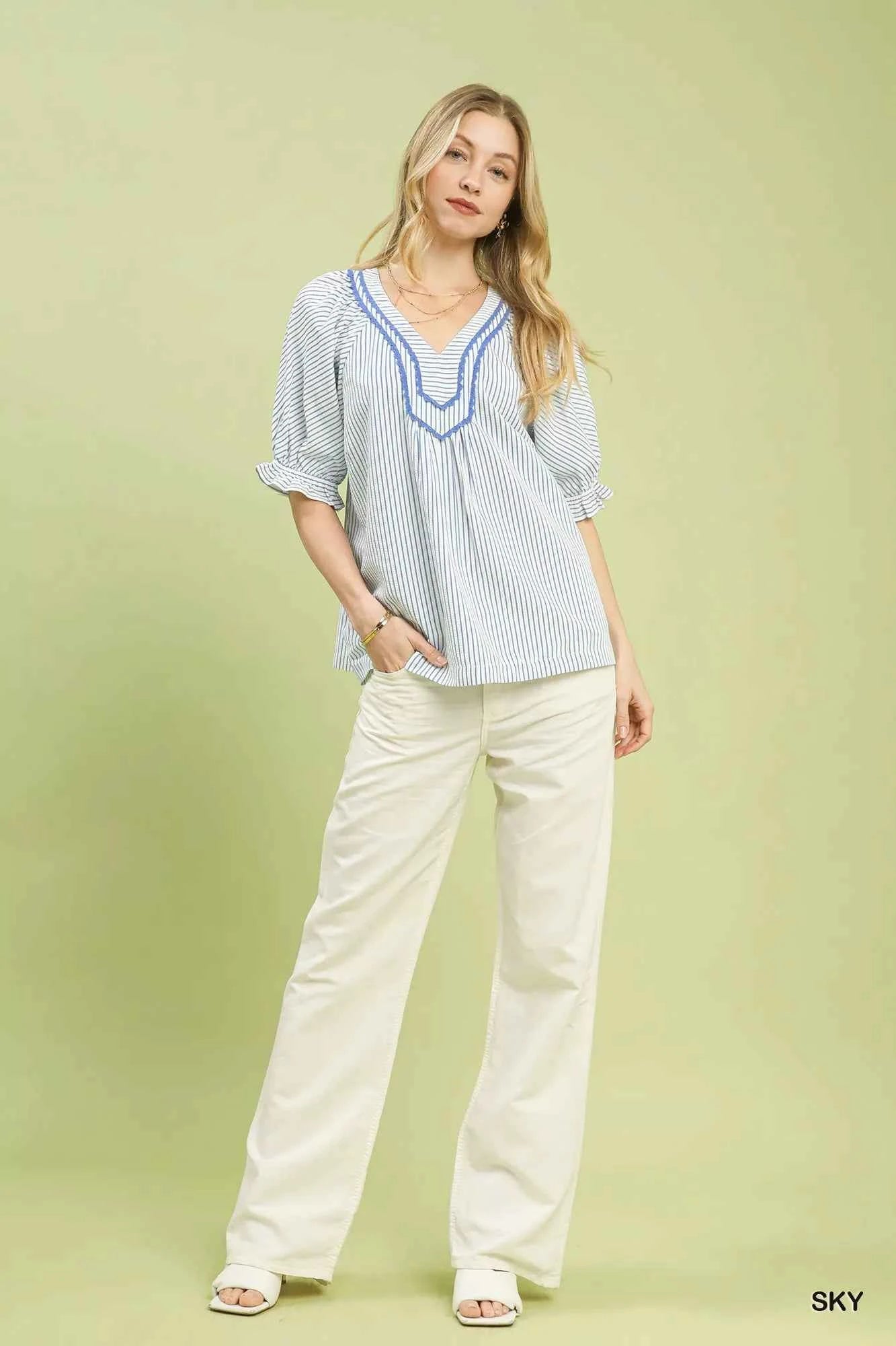 Umgee Stripe V-Neck Blouse e59e5477-d4ea-40bf-86e2-13f42beb9bb4-Max-Origin