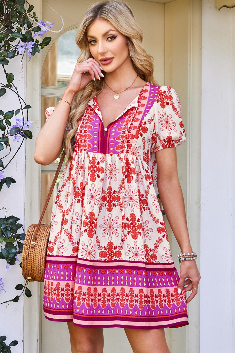 Rose Boho Floral Short Sleeve Tie V Neck Mini Dress e5a3f45866e05ca7