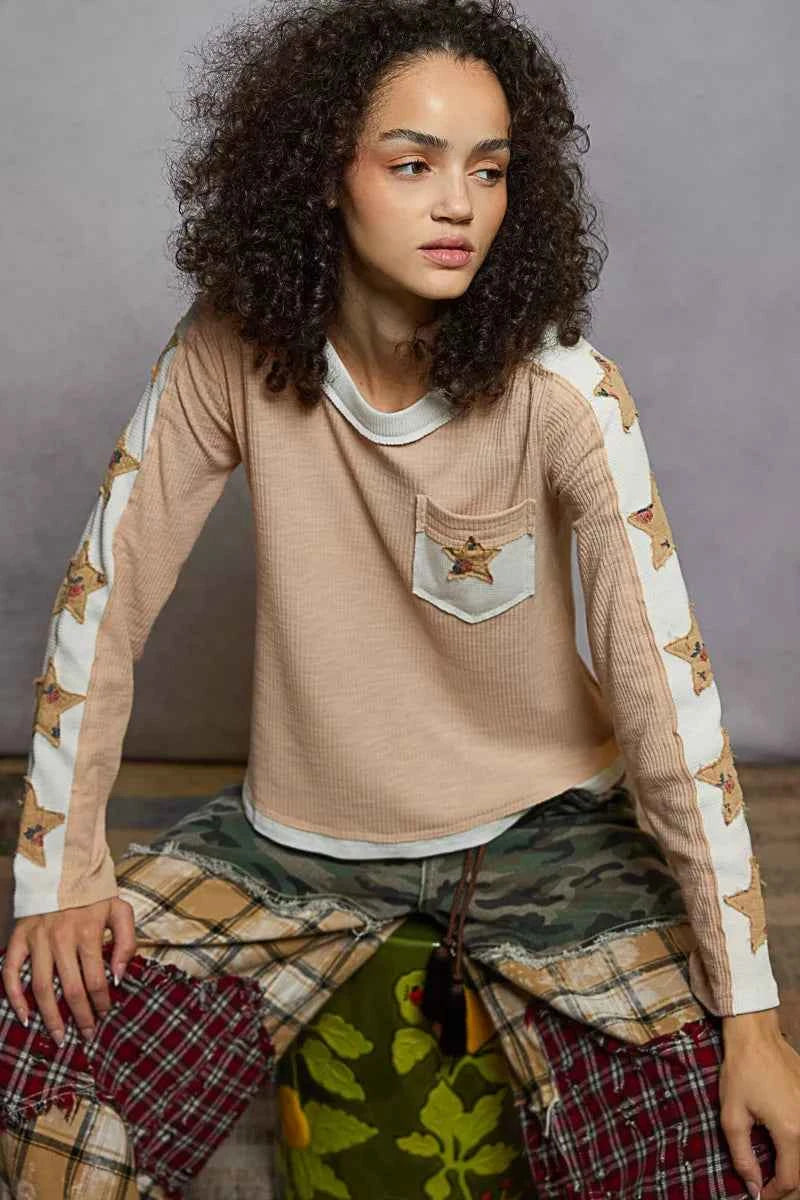 POL Round Neck Long Sleever T-Shirt with Star Patch e5a59e10-225b-47cb-875f-e79f93c61f57-Max-Origin