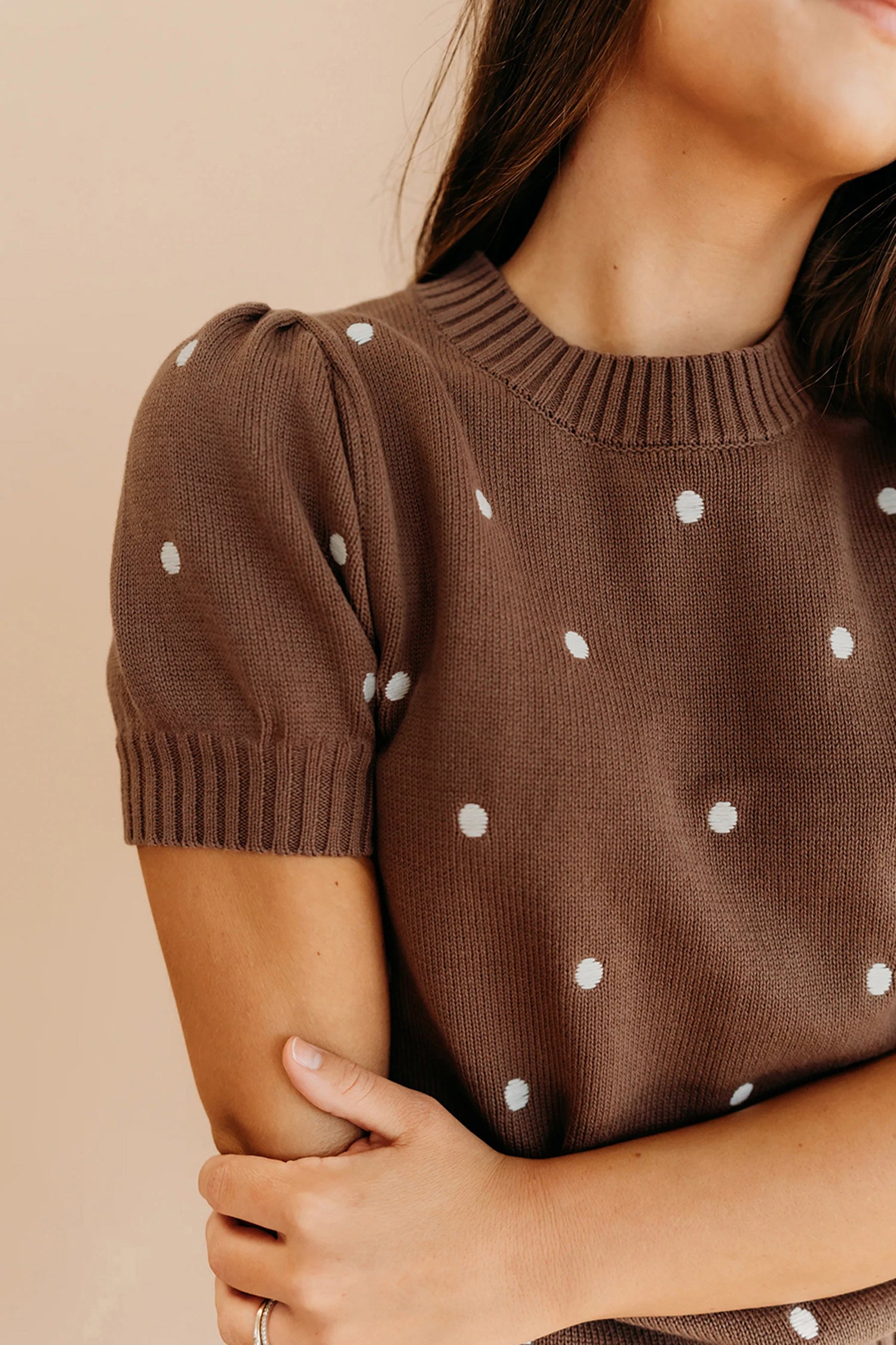 White Elegant Polka Dot Bubble Short Sleeve Sweater e5a7fcd6355200ff