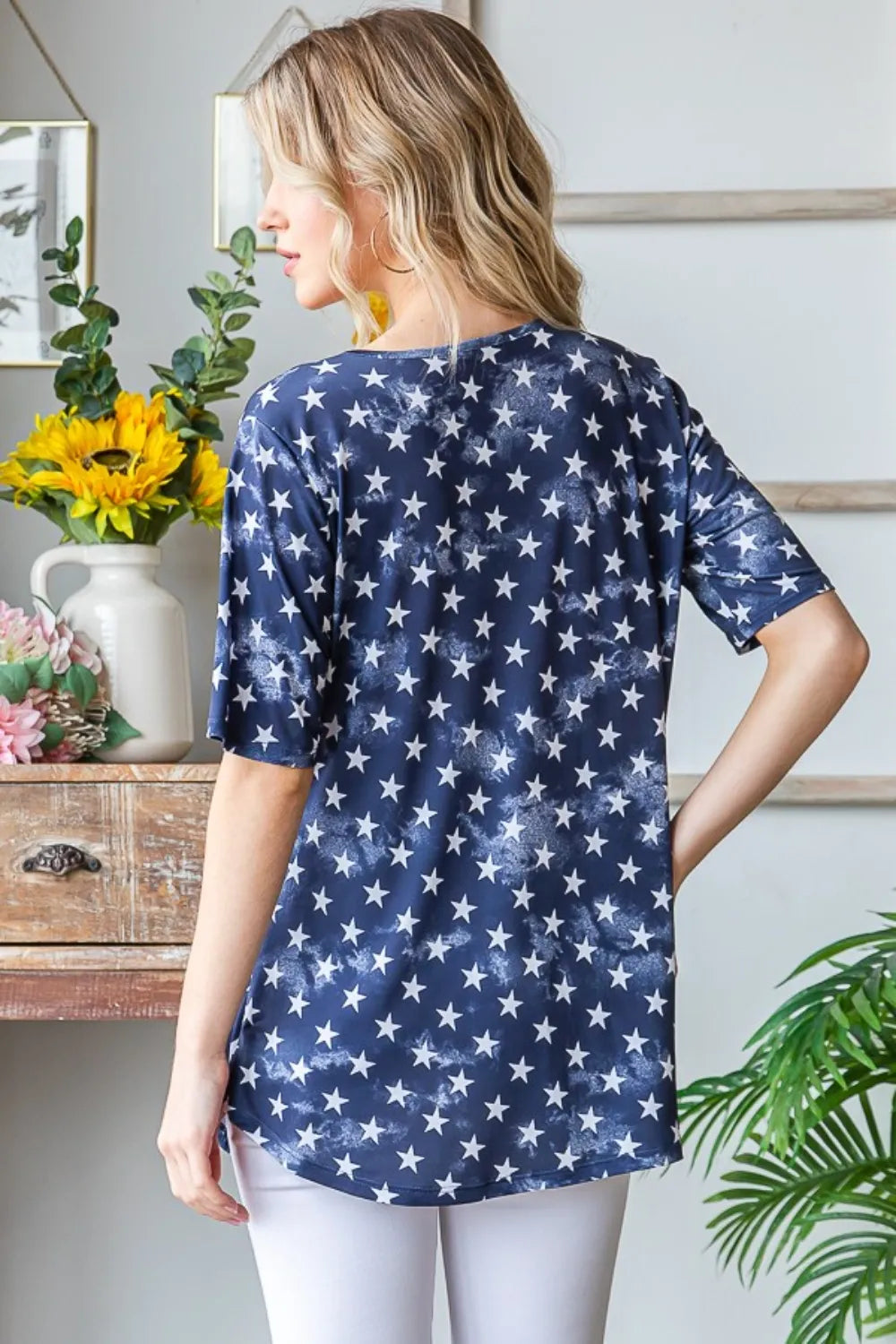 Heimish Full Size Short Sleeve Crisscross Star Babydoll Top e5afca69-c4f5-4281-b3eb-13a17a75c915-Max