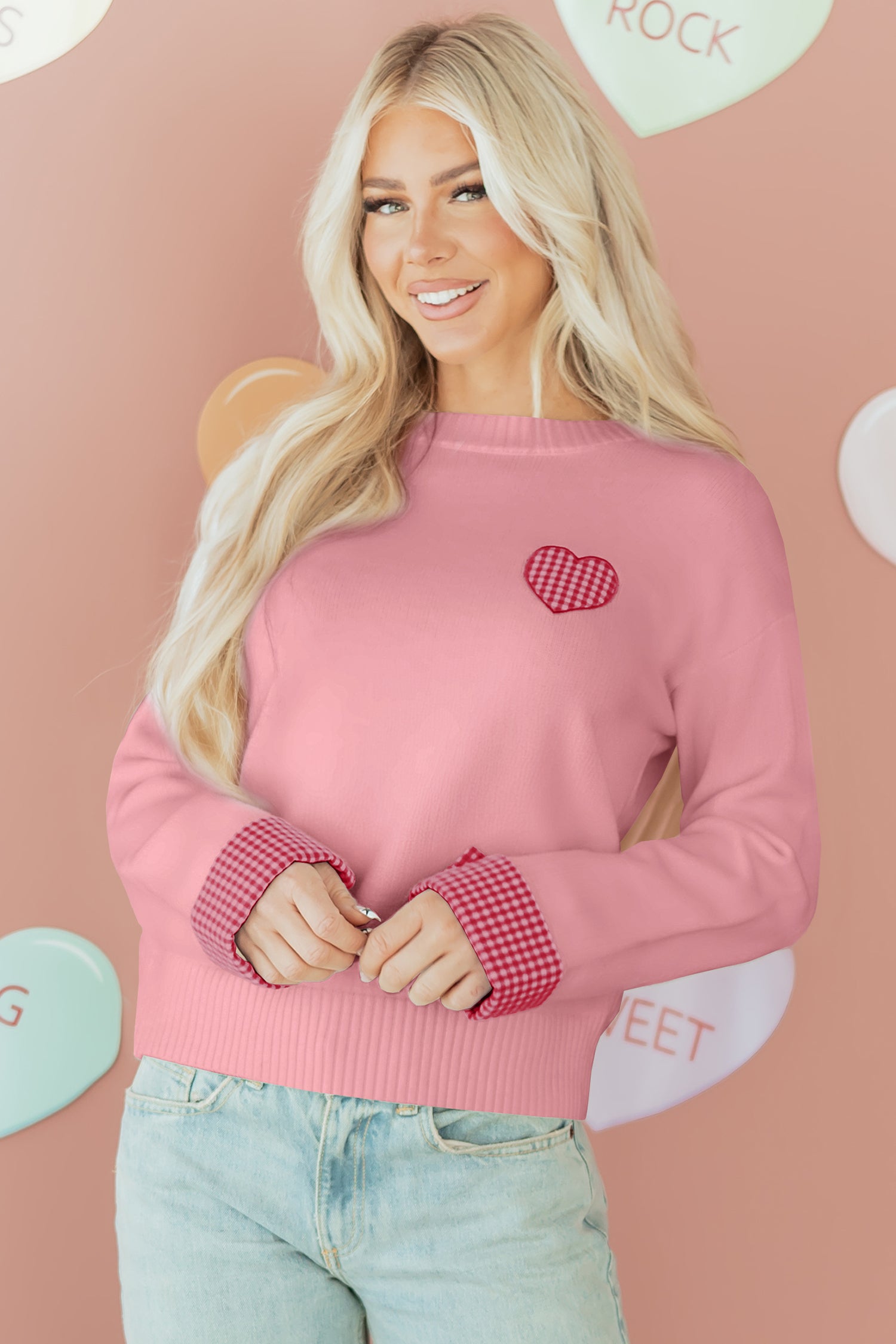 Light Pink Plaid Heart Embroidered Cuffed Drop Shoulder Crew Neck Sweater Light Pink 50%Acrylic+27%Polyester+23%Polyamide e5b2294e44088f8d