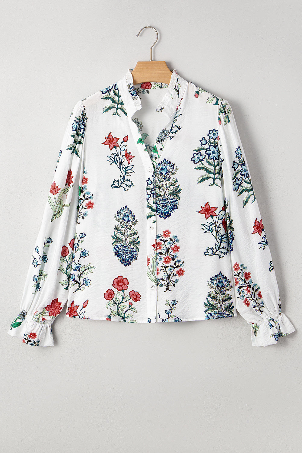 White Floral Print V Neck Loose Drop Sleeve Shirt e5b3d3d573ca94bc