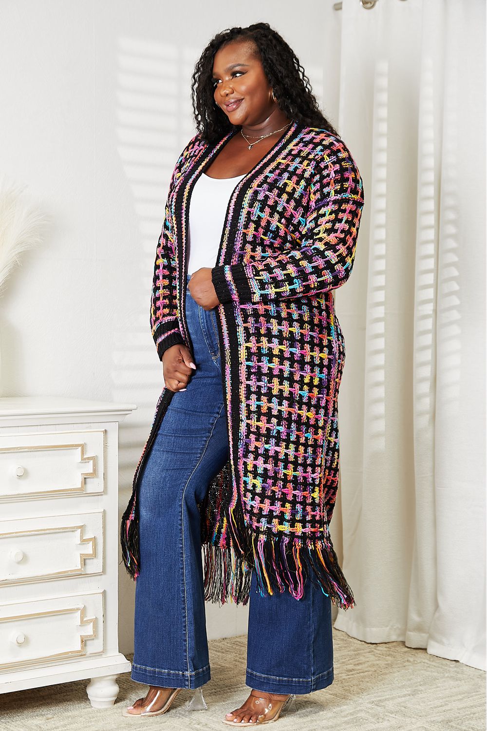 Angel Wings Full Size Multicolored Open Front Fringe Hem Cardigan e5b82ba89bd74c40a68ace97a0c3d19c-Max