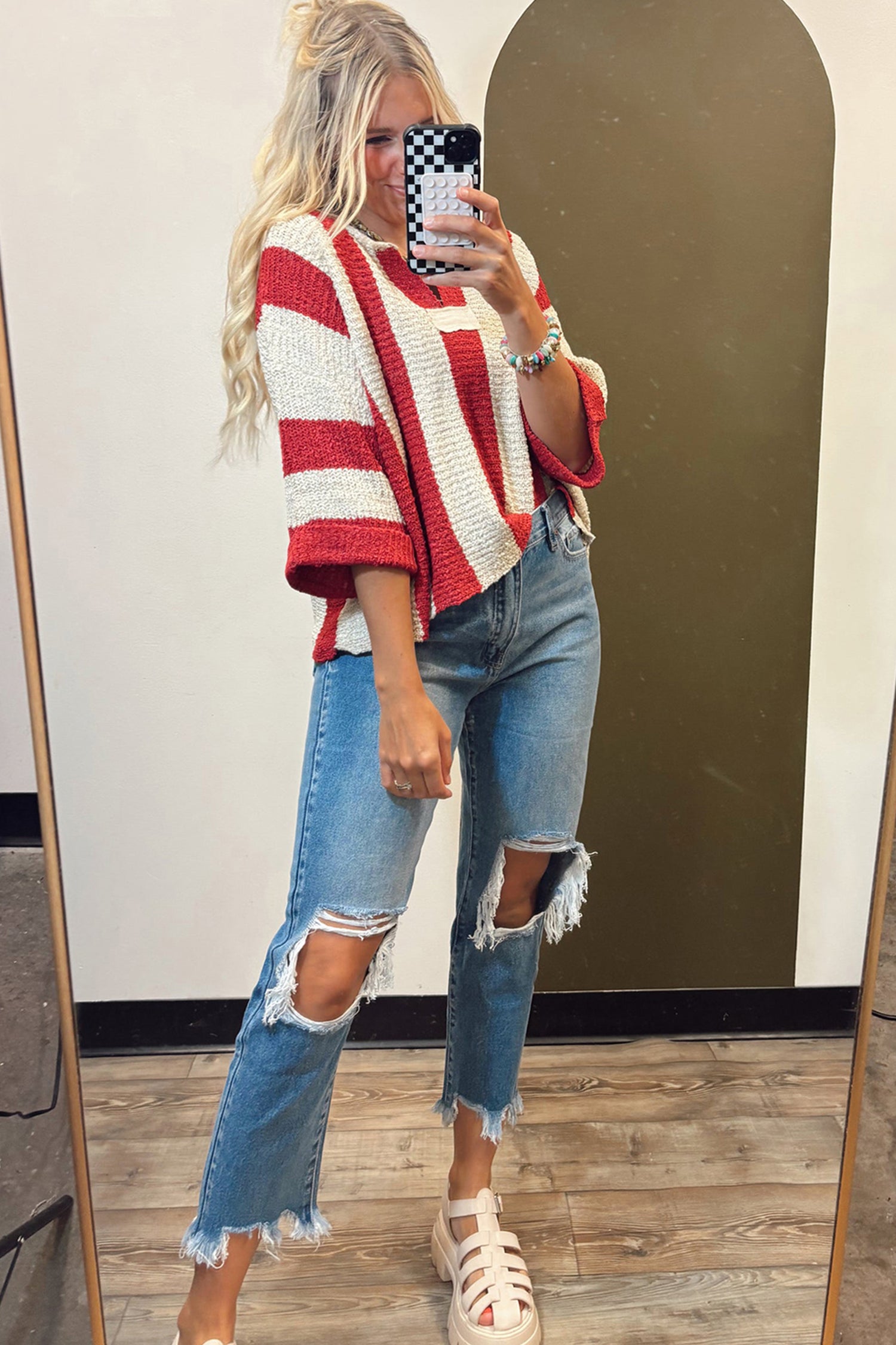 Red Stripe Colorblock V Neck Bracelet Sleeve Sweater e5bbe96f112f1478