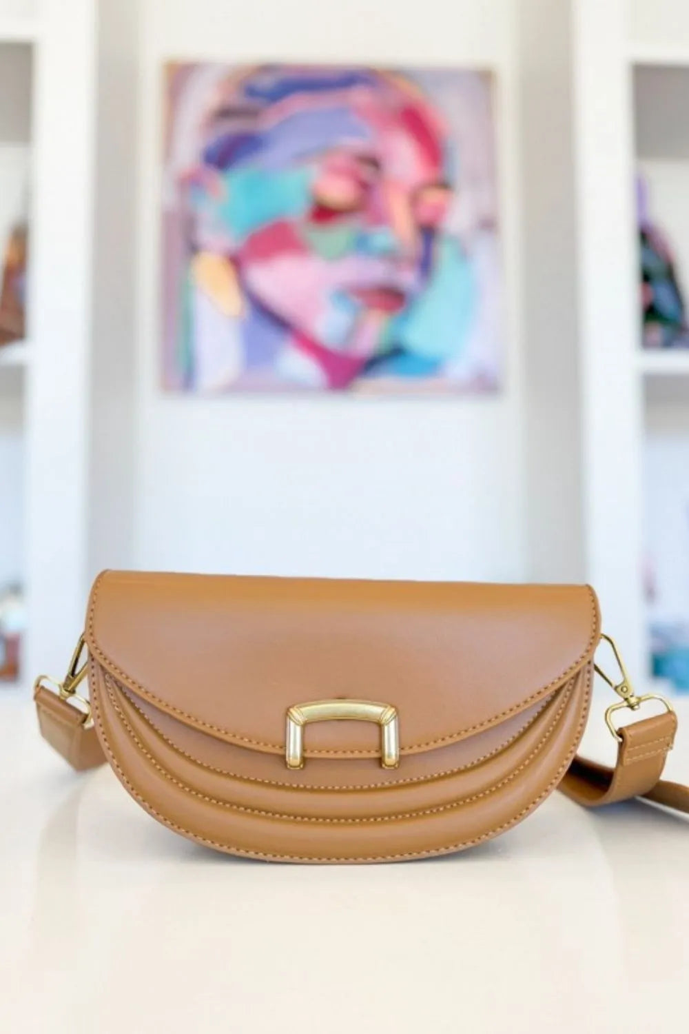 Fame Buckle Closure Crescent Faux Leather Crossbody Bag Camel One Size e5be475c-f065-4dc0-a5b4-3f1106b99340-Max