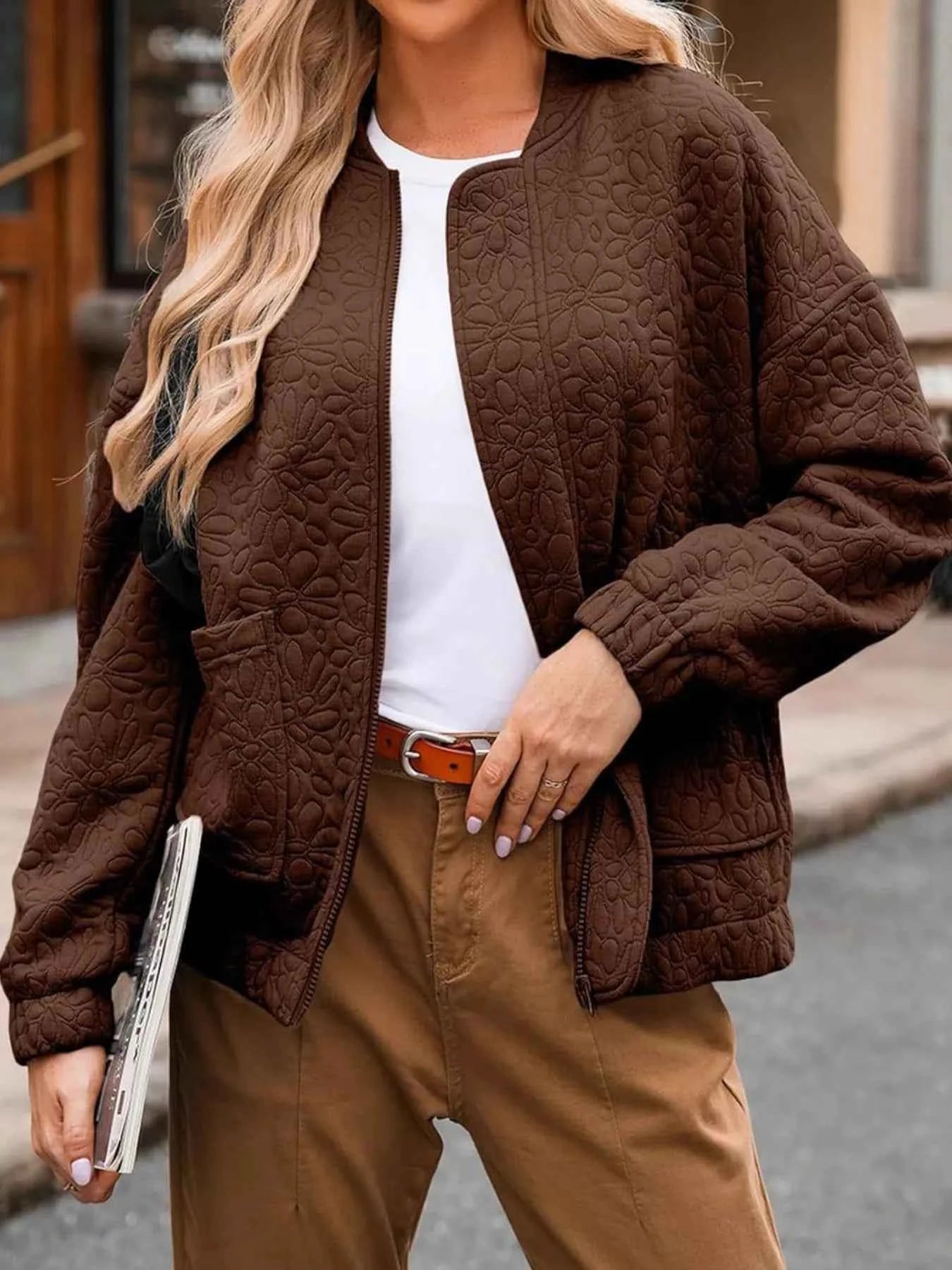 Full Size Floral Quilted Zip Up Jacket Plus Size Dark Brown e5bf5839-e3c0-4306-9ac7-52f611842f6e-Max-Origin