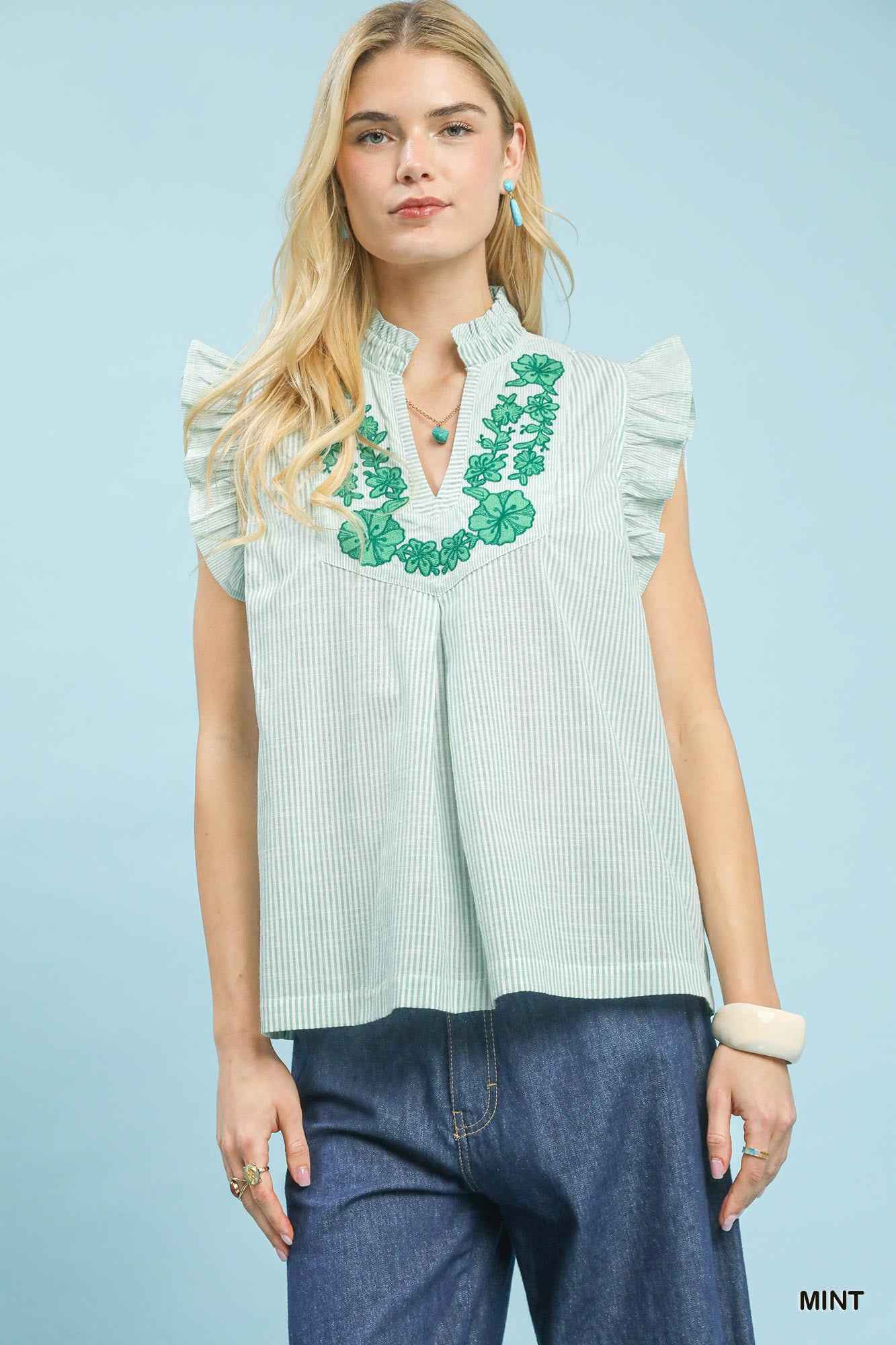 Umgee Embroidered Ruffle Sleeve Popover Top MINT e5c47573-4f35-45b6-b504-6c390f7b2abb-Max