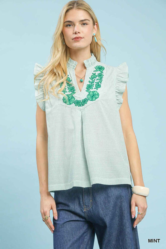 Umgee Embroidered Ruffle Sleeve Popover Top MINT e5c47573-4f35-45b6-b504-6c390f7b2abb-Max