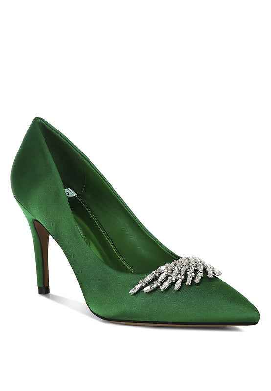 Rhodolia Diamante Brooch Detail Satin Pumps Green US-7 UK-5 EU-38 e5c51b37-936e-4096-b9f3-f8c26275fe95